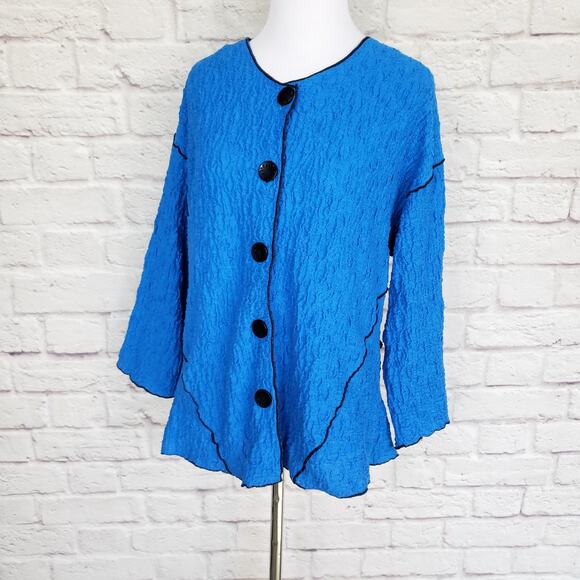 Habitat Sky Blue Textured Cotton Jacket Black Trim Button Front Size S - Picture 8 of 10